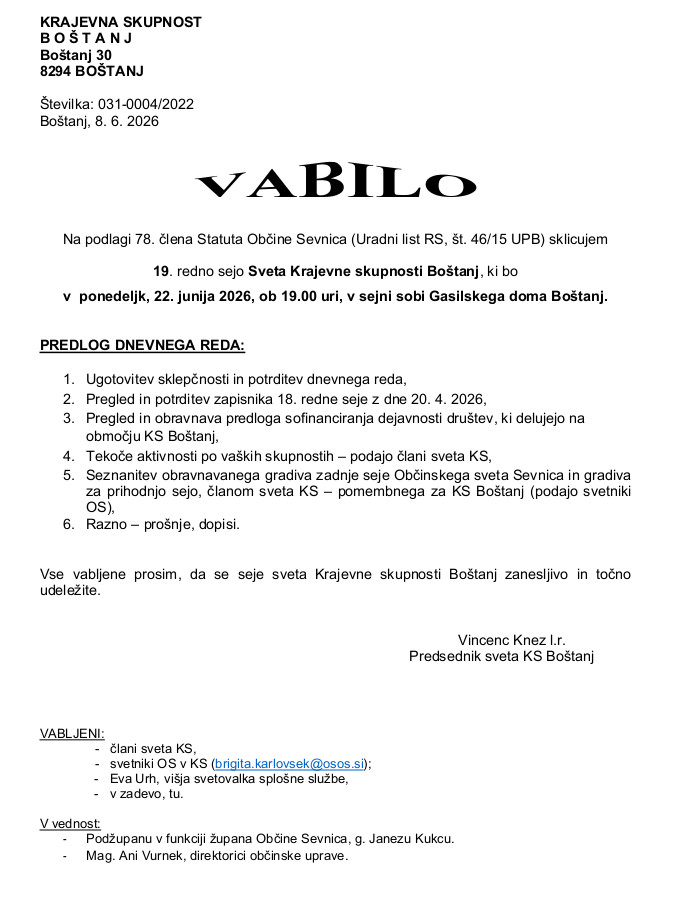 Vabilo na 19. redno sejo KS Boštanj
